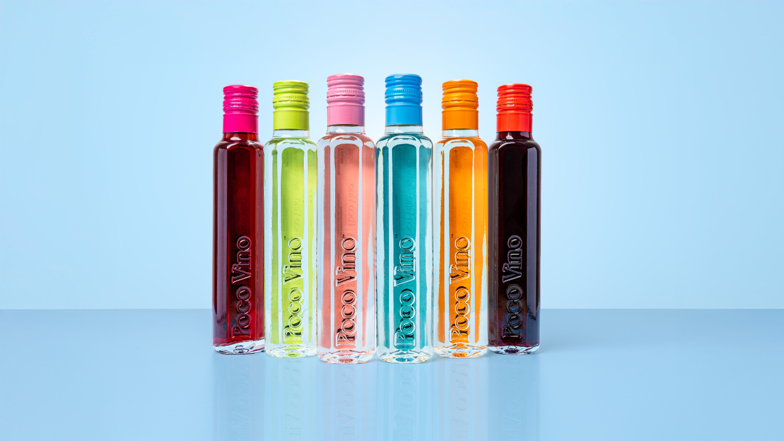 Poco Vino little wines lined up against a blue background